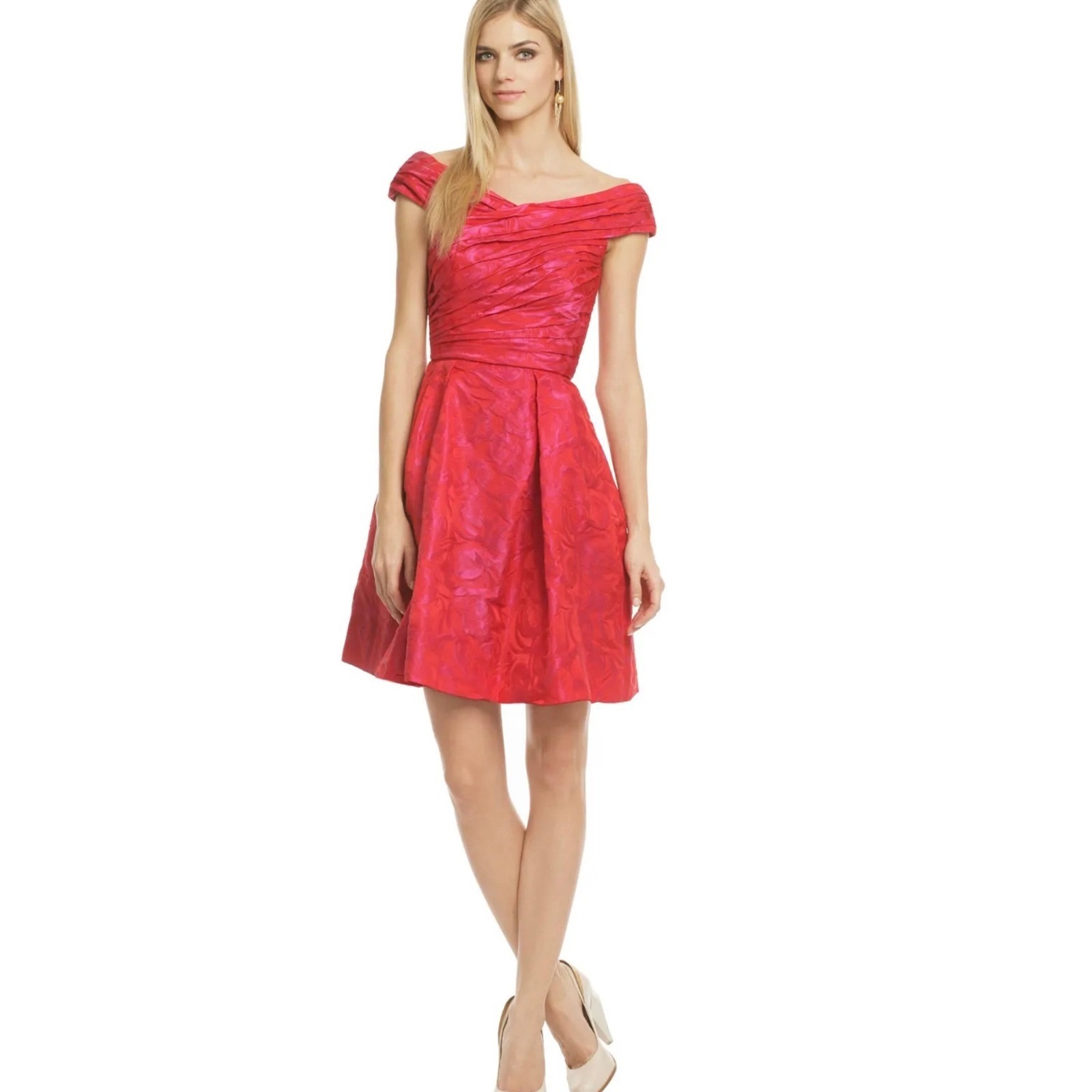 Theia Hybrid Tea Rose Jacquard Fit And Flare Off-The-Shoulder Party Dress Size 8